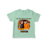 Our First BhaiDooj Together TShirt – happy siblings hugging. - MINT GREEN - 0-5 Months Old (Chest 17")
