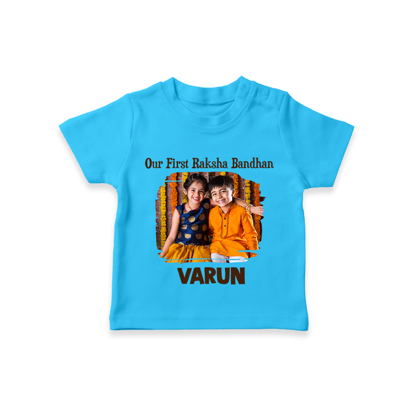 Our First BhaiDooj Together TShirt – happy siblings hugging. - SKY BLUE - 0-5 Months Old (Chest 17")