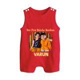 Our First BhaiDooj Together Button Romper – happy siblings hugging. - RED - New Born (Chest 18")
