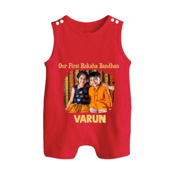 Our First BhaiDooj Together Button Romper – happy siblings hugging. - RED - New Born (Chest 18")