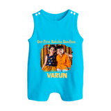 Our First BhaiDooj Together Button Romper – happy siblings hugging. - SKY BLUE - New Born (Chest 18")