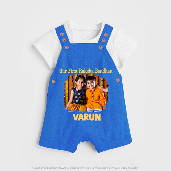 Our First BhaiDooj Together Dungaree – happy siblings hugging. - COBALT BLUE - 0 - 5 Months Old (Chest 18")