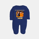 Our First BhaiDooj Together Fullbody Suit – happy siblings hugging. - NAVY BLUE - New Born (Chest 7.5")
