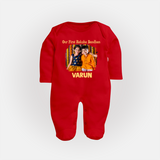 Our First BhaiDooj Together Fullbody Suit – happy siblings hugging. - RED - New Born (Chest 7.5")