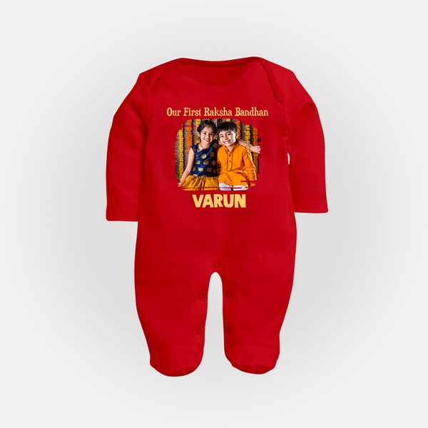 Our First BhaiDooj Together Fullbody Suit – happy siblings hugging. - RED - New Born (Chest 7.5")