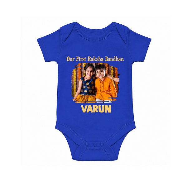 Our First BhaiDooj Together Romper  – happy siblings hugging. - COBALT BLUE - New Born (Chest 14")