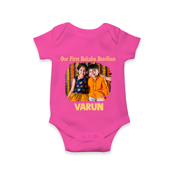 Our First BhaiDooj Together Romper  – happy siblings hugging. - HOT PINK - New Born (Chest 14")