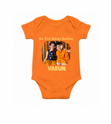Our First BhaiDooj Together Romper  – happy siblings hugging.