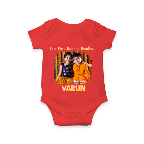 Our First BhaiDooj Together Romper  – happy siblings hugging. - RED - New Born (Chest 14")