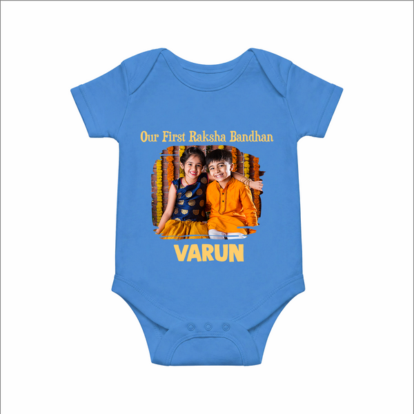Our First BhaiDooj Together Romper  – happy siblings hugging.