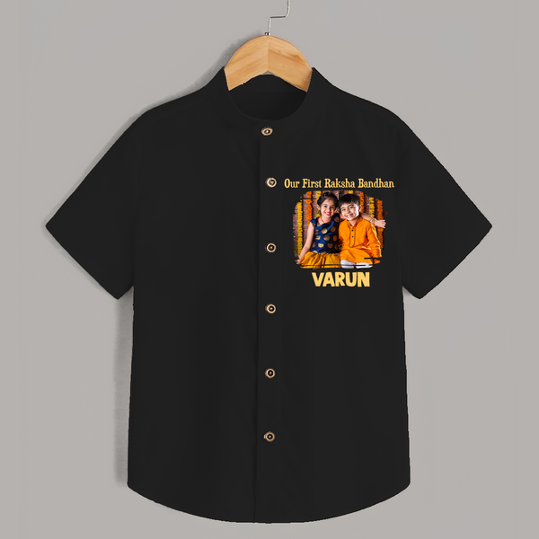 Our First BhaiDooj Together Shirt – happy siblings hugging. - BLACK - 0 - 6 Months Old (Chest 23")