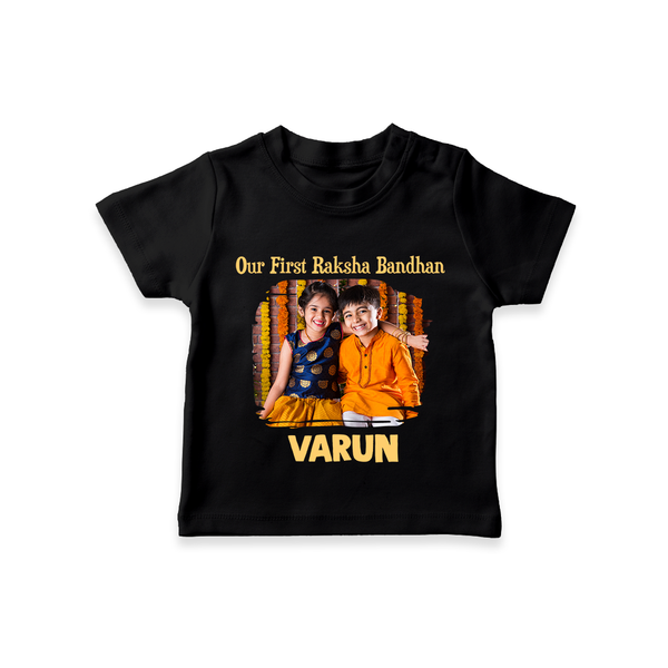 Our First BhaiDooj Together TShirt – happy siblings hugging. - BLACK - 0-5 Months Old (Chest 17")