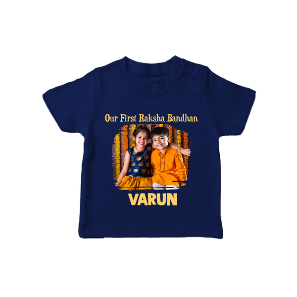 Our First BhaiDooj Together TShirt – happy siblings hugging. - NAVY BLUE - 0-5 Months Old (Chest 17")