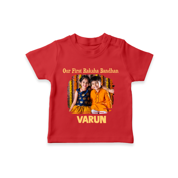 Our First BhaiDooj Together TShirt – happy siblings hugging. - RED - 0-5 Months Old (Chest 17")