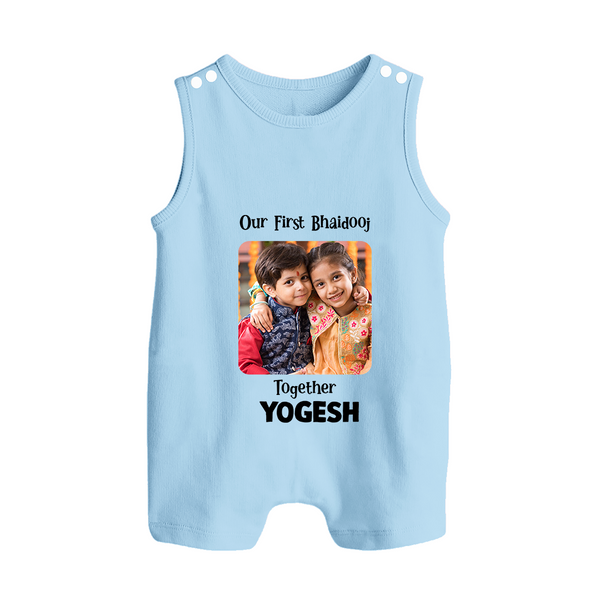 My First Rakhi Baby Girl Cute Graphic Button Romper – baby with my first rakhi illustration. - BABY BLUE - New Born (Chest 18")