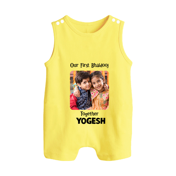 My First Rakhi Baby Girl Cute Graphic Button Romper – baby with my first rakhi illustration. - PASTEL YELLOW - New Born (Chest 18")