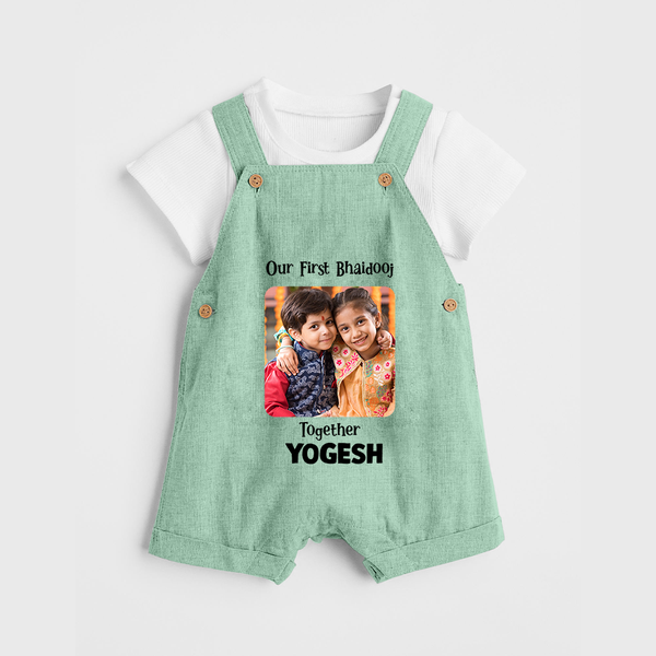 My First Rakhi Baby Girl Cute Graphic Dungaree – baby with my first rakhi illustration. - MINT GREEN - 0 - 5 Months Old (Chest 18")