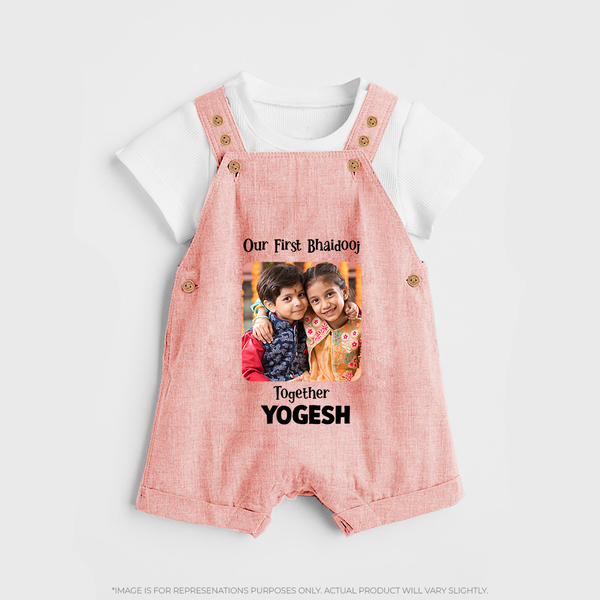 My First Rakhi Baby Girl Cute Graphic Dungaree – baby with my first rakhi illustration. - PEACH - 0 - 5 Months Old (Chest 18")