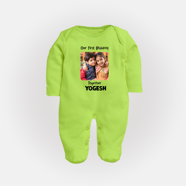 My First Rakhi Baby Girl Cute Graphic Fullbody Suit – baby with my first rakhi illustration. - LIME GREEN - New Born (Chest 7.5")