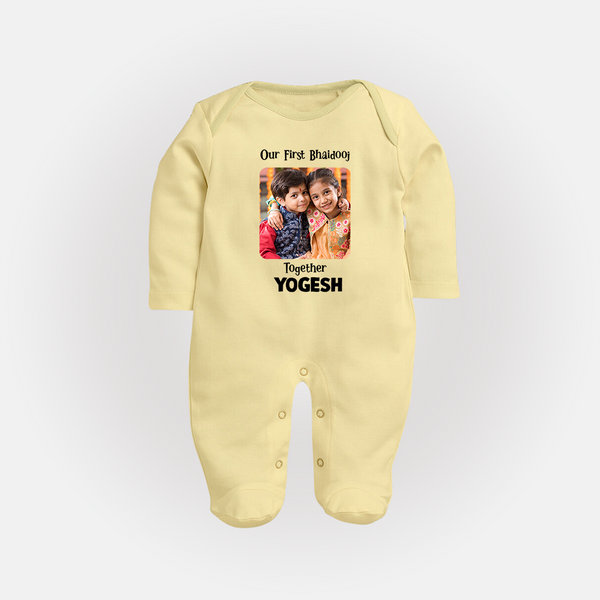 My First Rakhi Baby Girl Cute Graphic Fullbody Suit – baby with my first rakhi illustration. - PASTEL YELLOW - New Born (Chest 7.5")