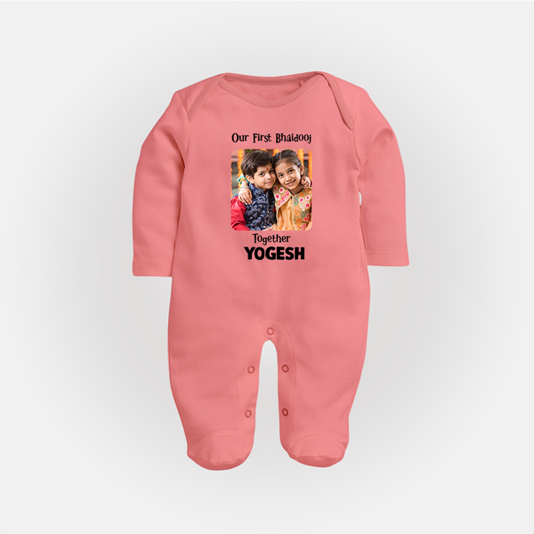 My First Rakhi Baby Girl Cute Graphic Fullbody Suit – baby with my first rakhi illustration. - PEACH - New Born (Chest 7.5")