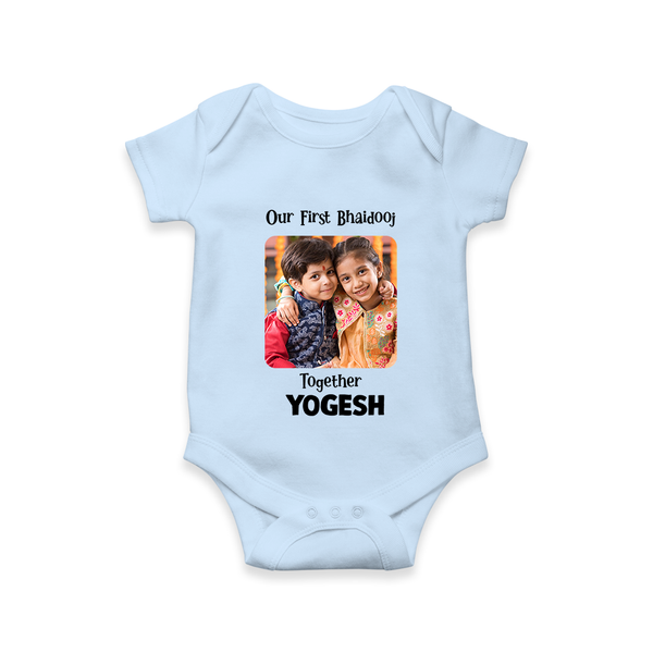 My First Rakhi Baby Girl Cute Graphic Romper  – baby with my first rakhi illustration. - BABY BLUE - New Born (Chest 14")
