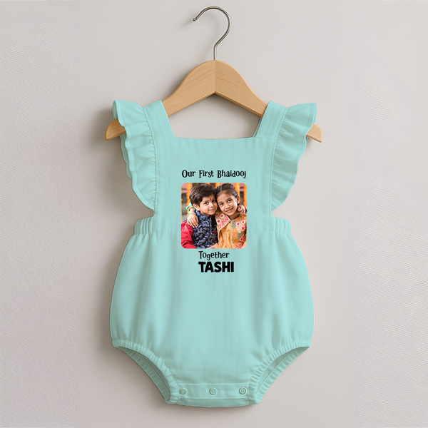 My First Rakhi Baby Girl Cute Graphic Romper Frock – baby with my first rakhi illustration. - MINT GREEN - 0 - 3 Months Old (Chest 19")