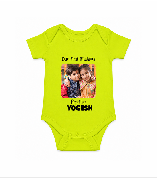 My First Rakhi Baby Girl Cute Graphic Romper  – baby with my first rakhi illustration. - LIME GREEN - New Born (Chest 14")