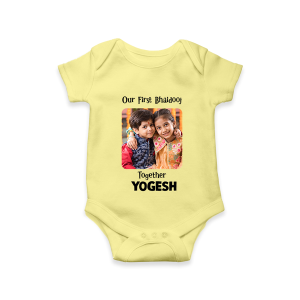 My First Rakhi Baby Girl Cute Graphic Romper  – baby with my first rakhi illustration. - PASTEL YELLOW - New Born (Chest 14")