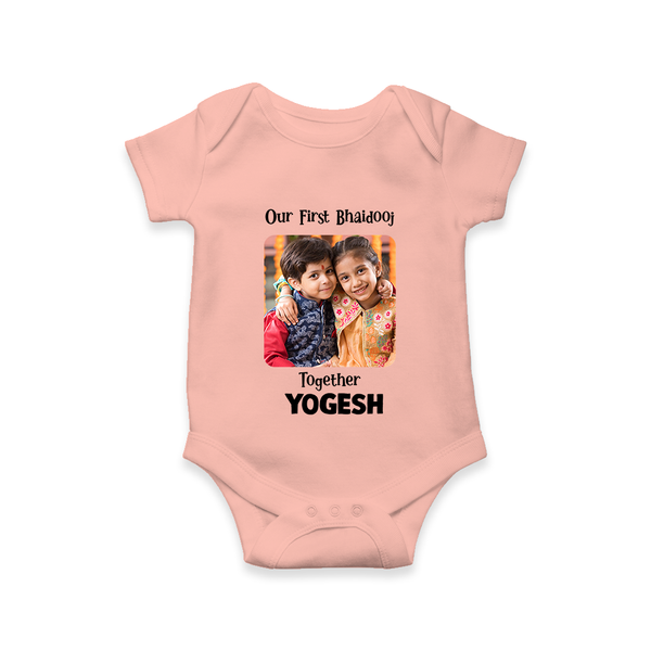 My First Rakhi Baby Girl Cute Graphic Romper  – baby with my first rakhi illustration. - PEACH - New Born (Chest 14")