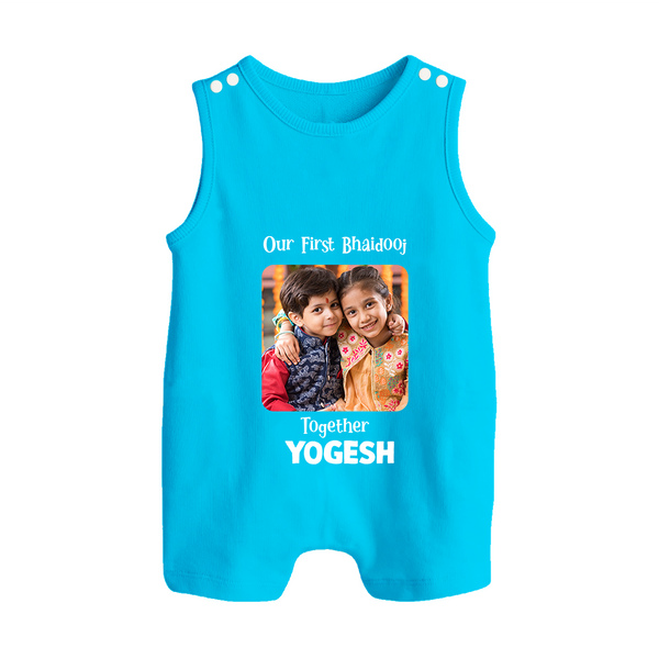 My First Rakhi Baby Girl Cute Graphic Button Romper – baby with my first rakhi illustration. - SKY BLUE - New Born (Chest 18")