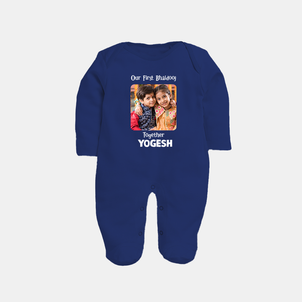 My First Rakhi Baby Girl Cute Graphic Fullbody Suit – baby with my first rakhi illustration. - NAVY BLUE - New Born (Chest 7.5")
