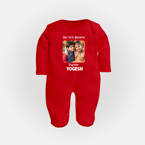 My First Rakhi Baby Girl Cute Graphic Fullbody Suit – baby with my first rakhi illustration. - RED - New Born (Chest 7.5")