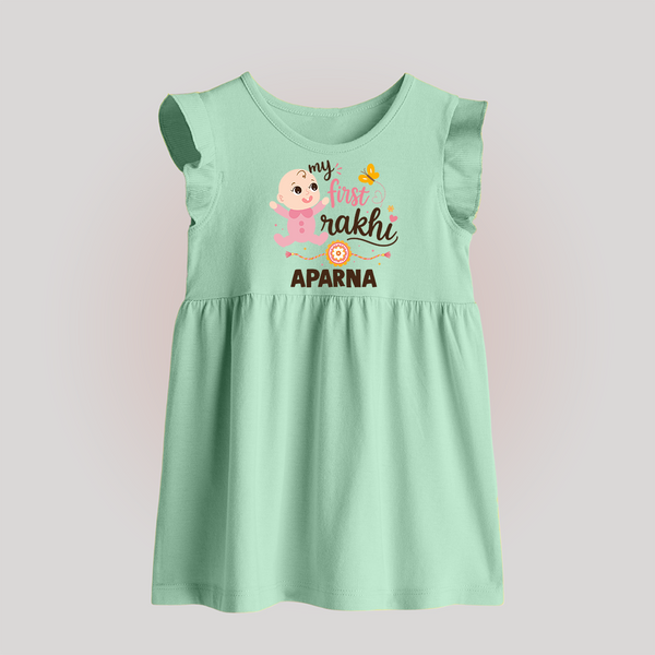 My First Rakhi Baby Boy Cute Graphic Baby Frock – baby with “my first rakhi” illustration. - MINT GREEN - 0 - 3 Months Old (Chest 17")