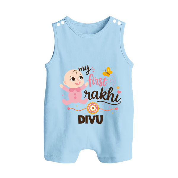 My First Rakhi Baby Boy Cute Graphic Button Romper – baby with “my first rakhi” illustration. - BABY BLUE - New Born (Chest 18")
