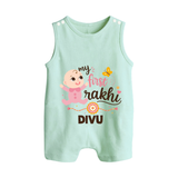My First Rakhi Baby Boy Cute Graphic Button Romper – baby with “my first rakhi” illustration. - MINT GREEN - New Born (Chest 18")