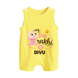 My First Rakhi Baby Boy Cute Graphic Button Romper – baby with “my first rakhi” illustration. - PASTEL YELLOW - New Born (Chest 18")