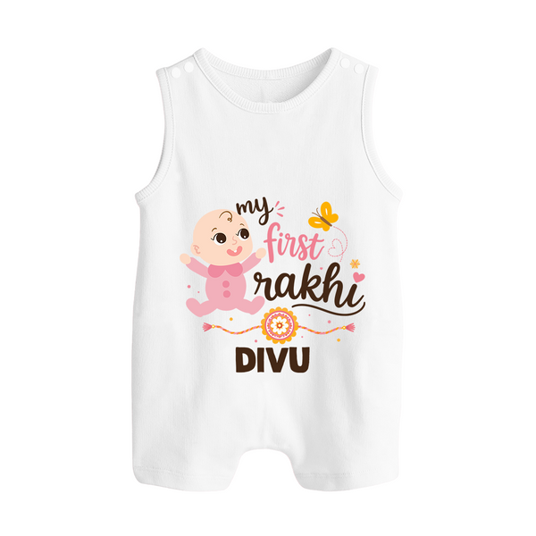 My First Rakhi Baby Boy Cute Graphic Button Romper – baby with “my first rakhi” illustration. - WHITE - New Born (Chest 18")
