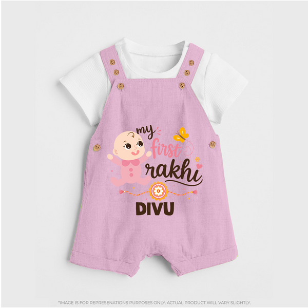 My First Rakhi Baby Boy Cute Graphic Dungaree – baby with “my first rakhi” illustration. - BABY PINK - 0 - 5 Months Old (Chest 18")