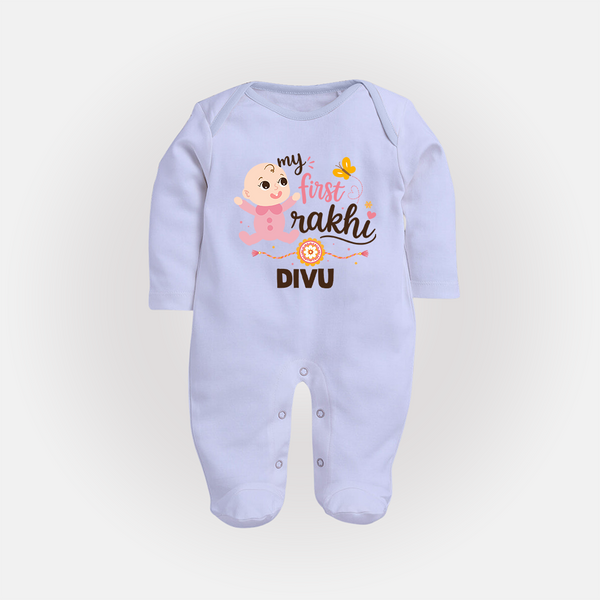 My First Rakhi Baby Boy Cute Graphic Fullbody Suit – baby with “my first rakhi” illustration. - BABY BLUE - New Born (Chest 7.5")