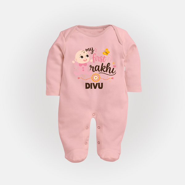 My First Rakhi Baby Boy Cute Graphic Fullbody Suit – baby with “my first rakhi” illustration. - BABY PINK - New Born (Chest 7.5")