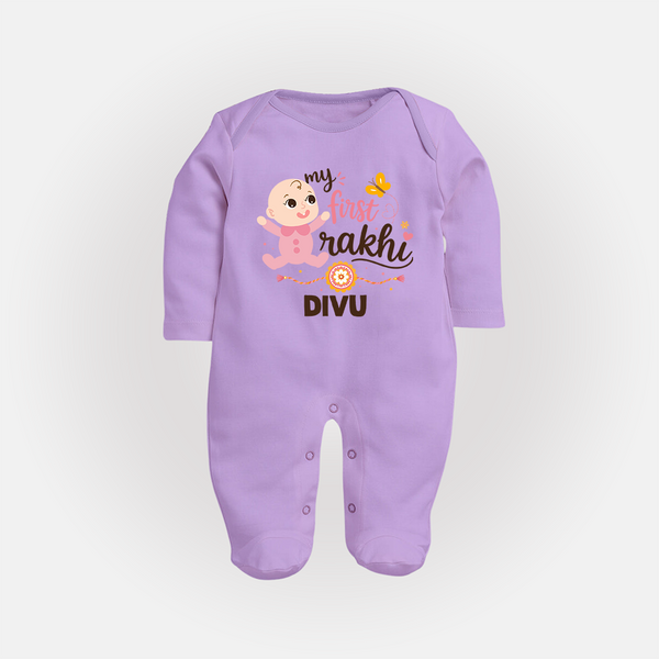 My First Rakhi Baby Boy Cute Graphic Fullbody Suit – baby with “my first rakhi” illustration. - LILAC - New Born (Chest 7.5")