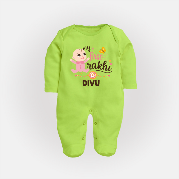 My First Rakhi Baby Boy Cute Graphic Fullbody Suit – baby with “my first rakhi” illustration. - LIME GREEN - New Born (Chest 7.5")