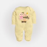 My First Rakhi Baby Boy Cute Graphic Fullbody Suit – baby with “my first rakhi” illustration. - PASTEL YELLOW - New Born (Chest 7.5")