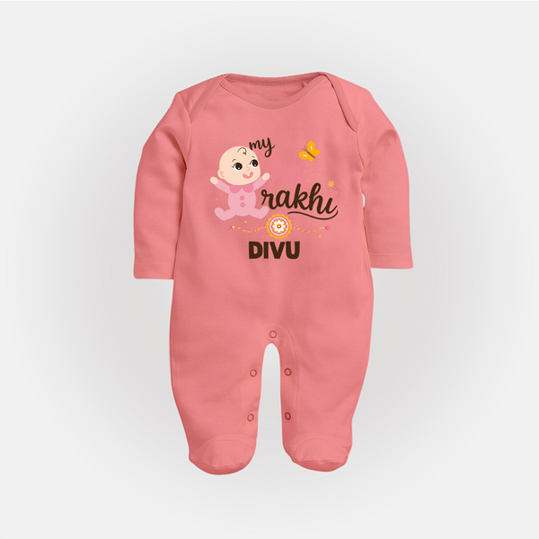 My First Rakhi Baby Boy Cute Graphic Fullbody Suit – baby with “my first rakhi” illustration. - PEACH - New Born (Chest 7.5")