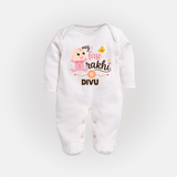My First Rakhi Baby Boy Cute Graphic Fullbody Suit – baby with “my first rakhi” illustration. - WHITE - New Born (Chest 7.5")