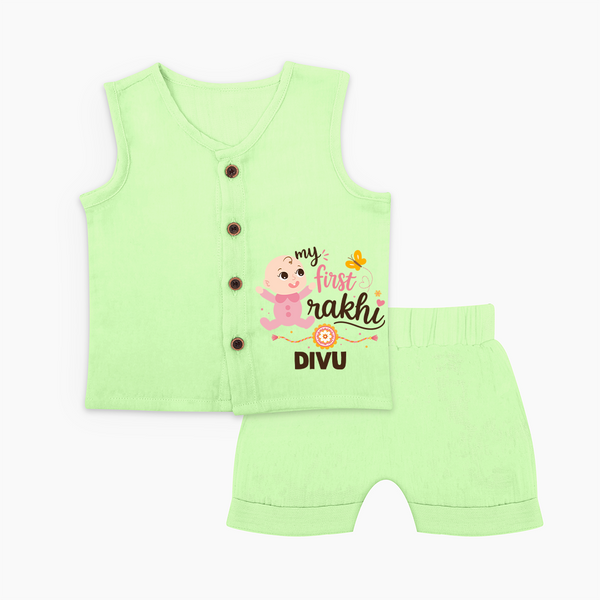 My First Rakhi Baby Boy Cute Graphic Jabla – baby with “my first rakhi” illustration. - PASTEL GREEN - 0 - 3 Months Old (Chest 9.8")