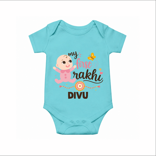 My First Rakhi Baby Boy Cute Graphic Romper  – baby with “my first rakhi” illustration. - ARCTIC BLUE - New Born (Chest 14")