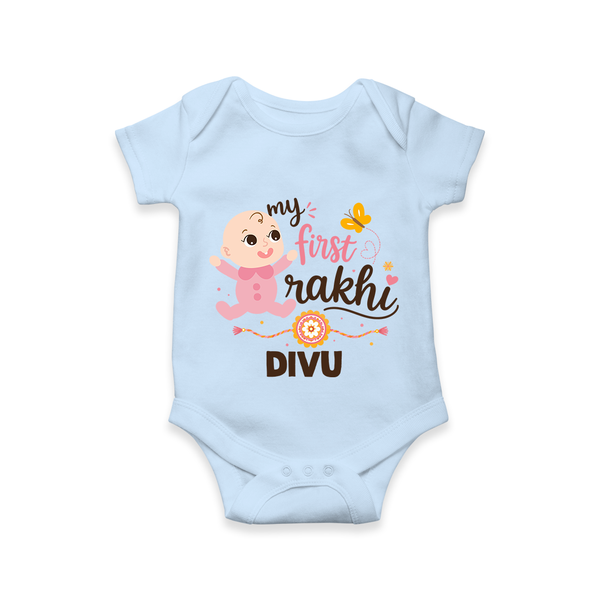 My First Rakhi Baby Boy Cute Graphic Romper  – baby with “my first rakhi” illustration. - BABY BLUE - New Born (Chest 14")
