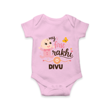 My First Rakhi Baby Boy Cute Graphic Romper  – baby with “my first rakhi” illustration. - BABY PINK - New Born (Chest 14")